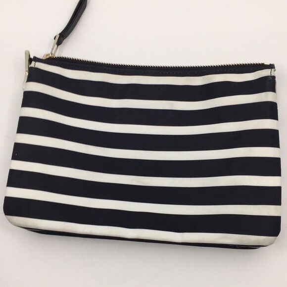 Kate Spade New York Black White Library Stripe Triple Gusset Clutch Makeup Pouch - Picture 6 of 16